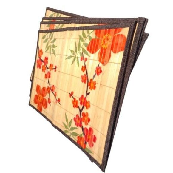 Set of 4 Placemats Asian Style Bamboo Cherry Blossoms Border Japanese 13x19" - Picture 5 of 11